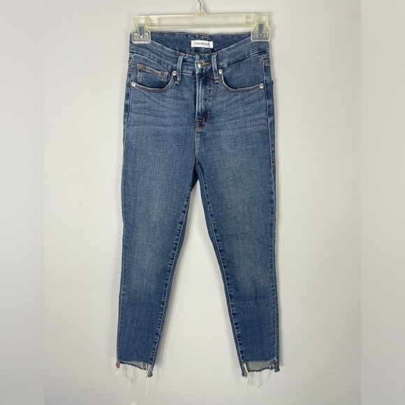 Good American Good Legs Crop Jeans Sz 2/26 Skinny Raw Hem Medium Wash - Picture 1 of 6